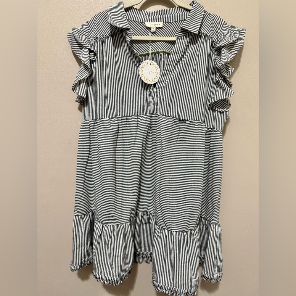 Umgee Black and White Striped Ruffle Sleeve Tiered Dress
